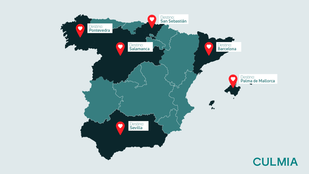 Mapa de España con los 6 destinos más románticos para vivir