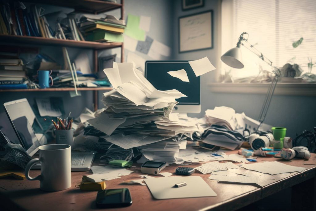 Mesa de trabajo de una habitación completamente desordenada y llena de papeles