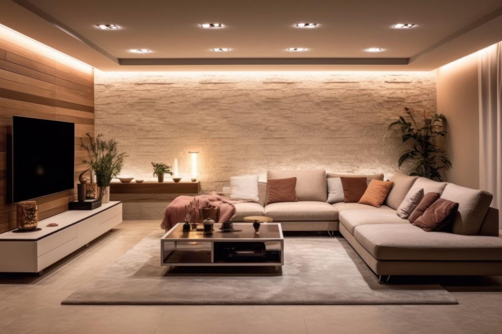 Salón principal moderno iluminado de un hogar eficiente