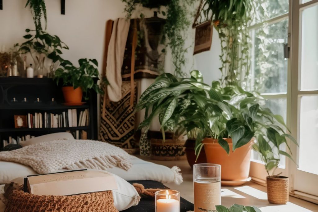 Varias plantas pequeñas en el interior de un dormitorio cerca de una ventana con luz natural suave.