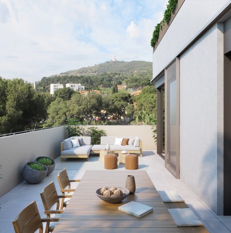 Terraza con vistas al paraje natural en el que se encuentran las viviendas de la promoción de Sarrià en Barcelona