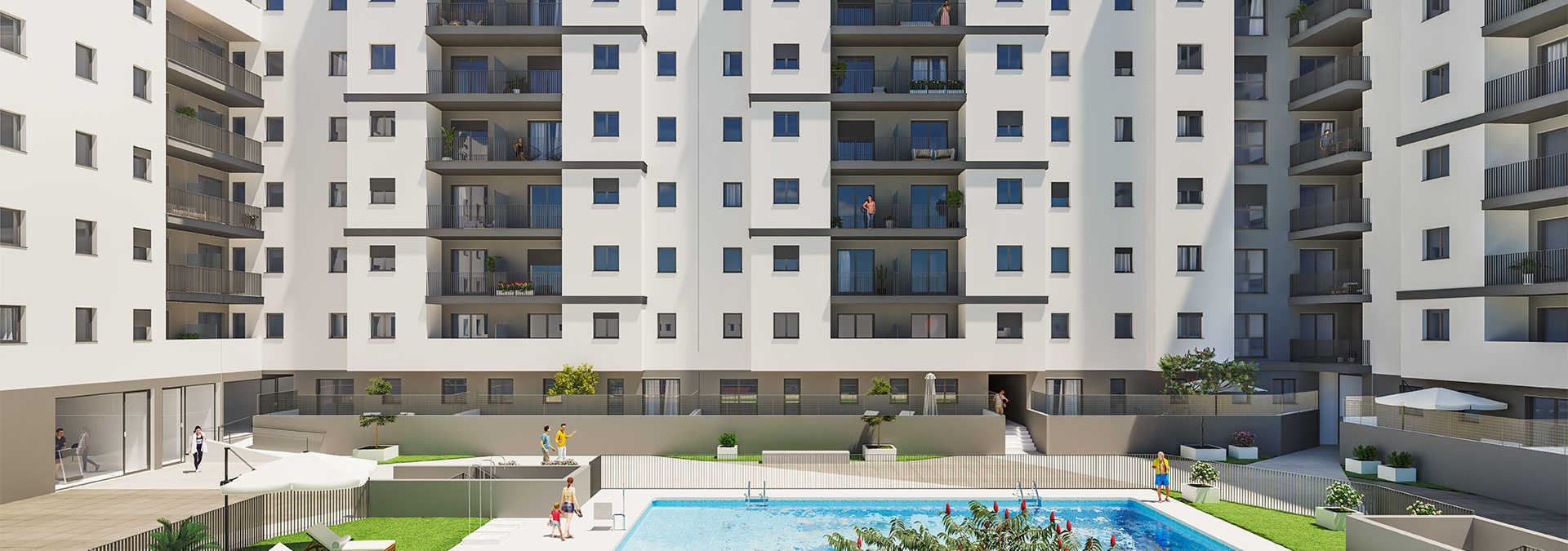 Bloque de edificios blancos modernos con piscina