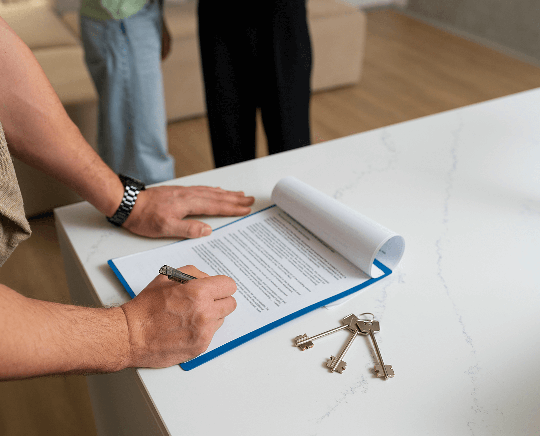 side view buyer signing document 1