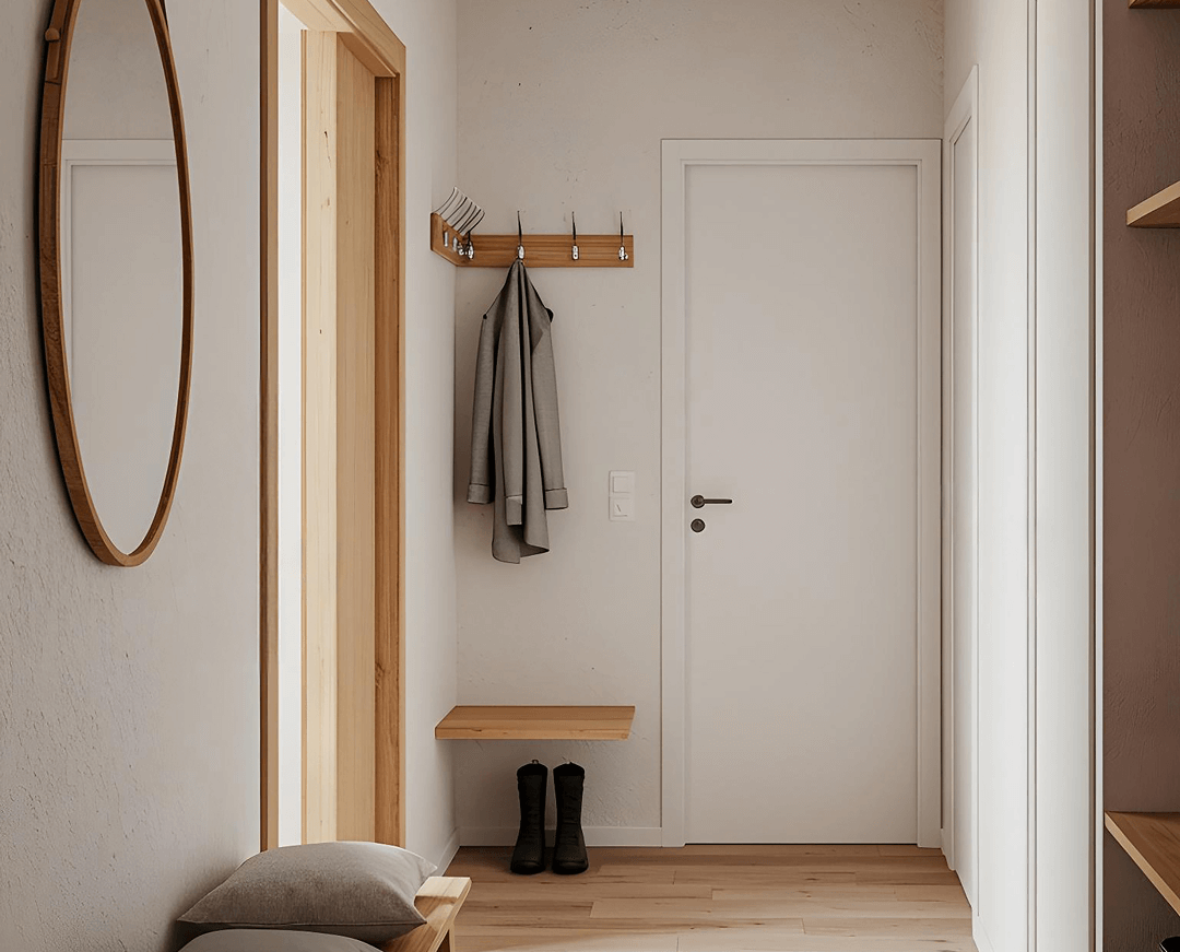 minimalist hallway interior with bench mirror coat rack 1