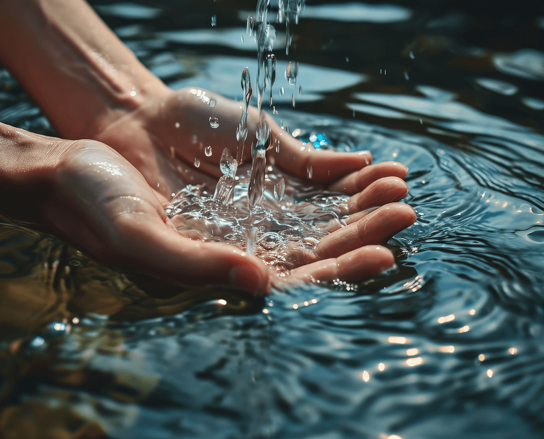 vista de manos realistas tocando el agua clara que fluye