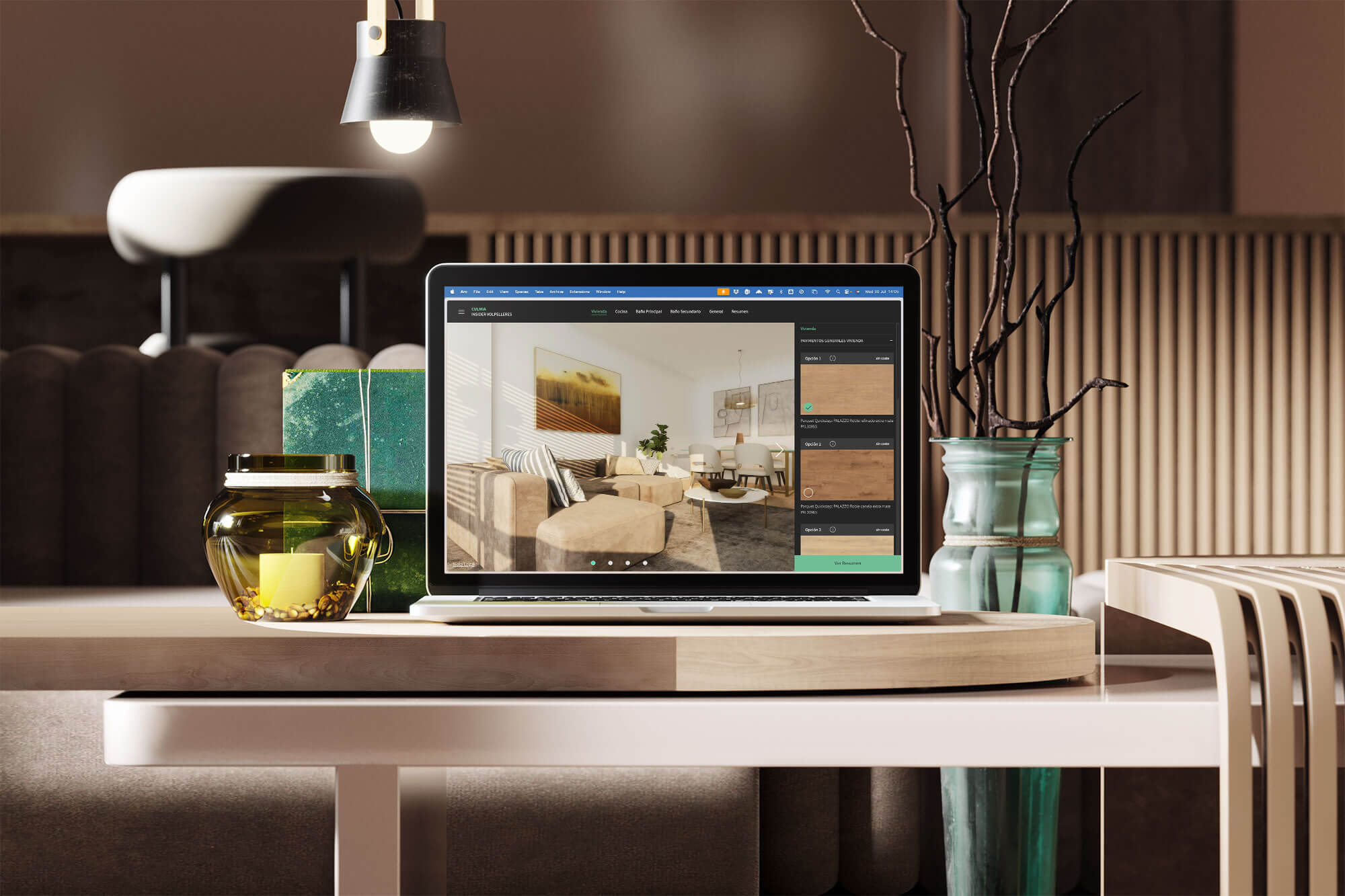 Laptop on a table with open-screen home configurator in a modern interior environment