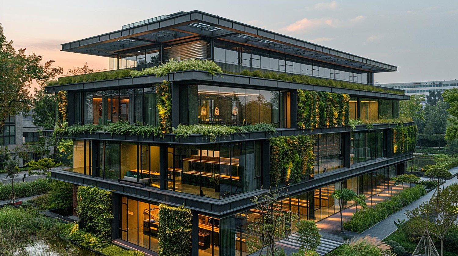 Modern building with large windows and a facade covered with vegetation.