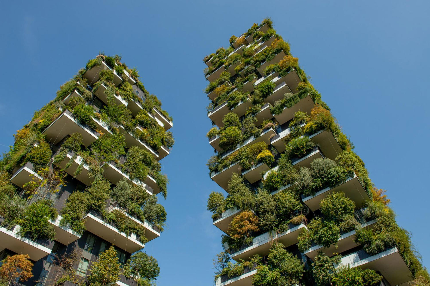 Sustainably designed residential towers with landscaped terraces and green architecture