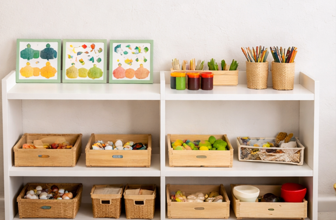 Guía de decoración Montessori: cómo adaptar tu casa para fomentar la autonomía infantil 5 Estantería blanca de baja altura con materiales de decoración Montessori organizados en cestas de mimbre y cajas de madera, incluyendo botes con lápices de colores y pinturas, diseñada para fomentar la autonomía y el orden infantil