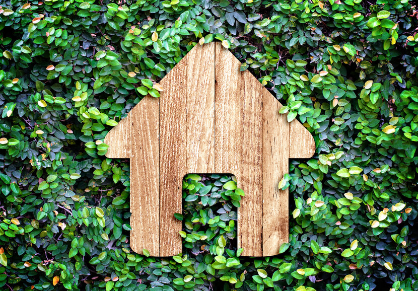 10 formas de aprovechar la energía solar en casa para reducir tu factura esta primavera 5 Silueta de madera con forma de casa integrada en un frondoso muro de vegetación verde, simbolizando la sostenibilidad y la eficiencia energética en el hogar