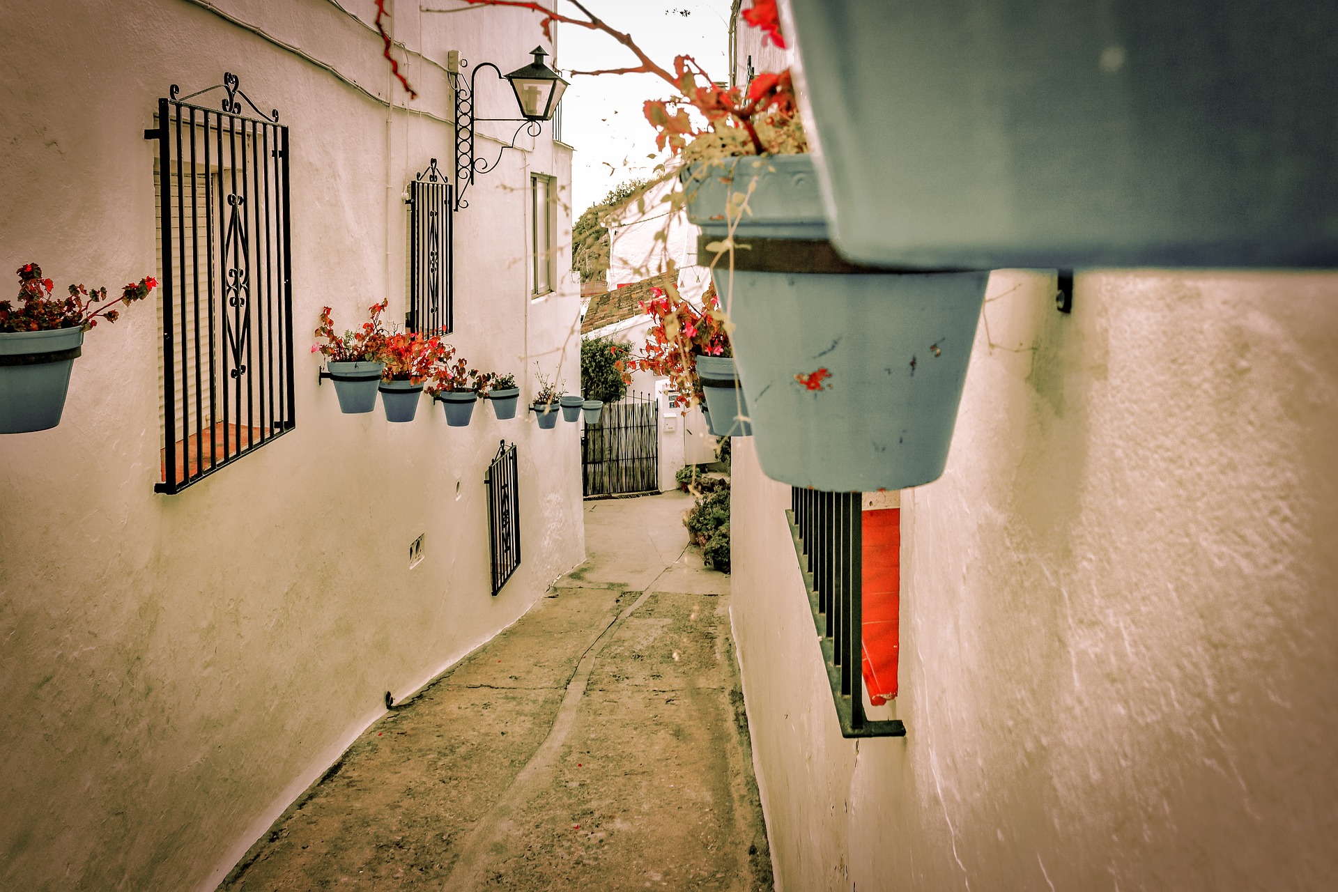 Los mejores pueblos cerca de Marbella para vivir junto al mar 9 Calle estrecha y empinada de un pueblo blanco tradicional con fachadas decoradas con macetas azules y flores rojas